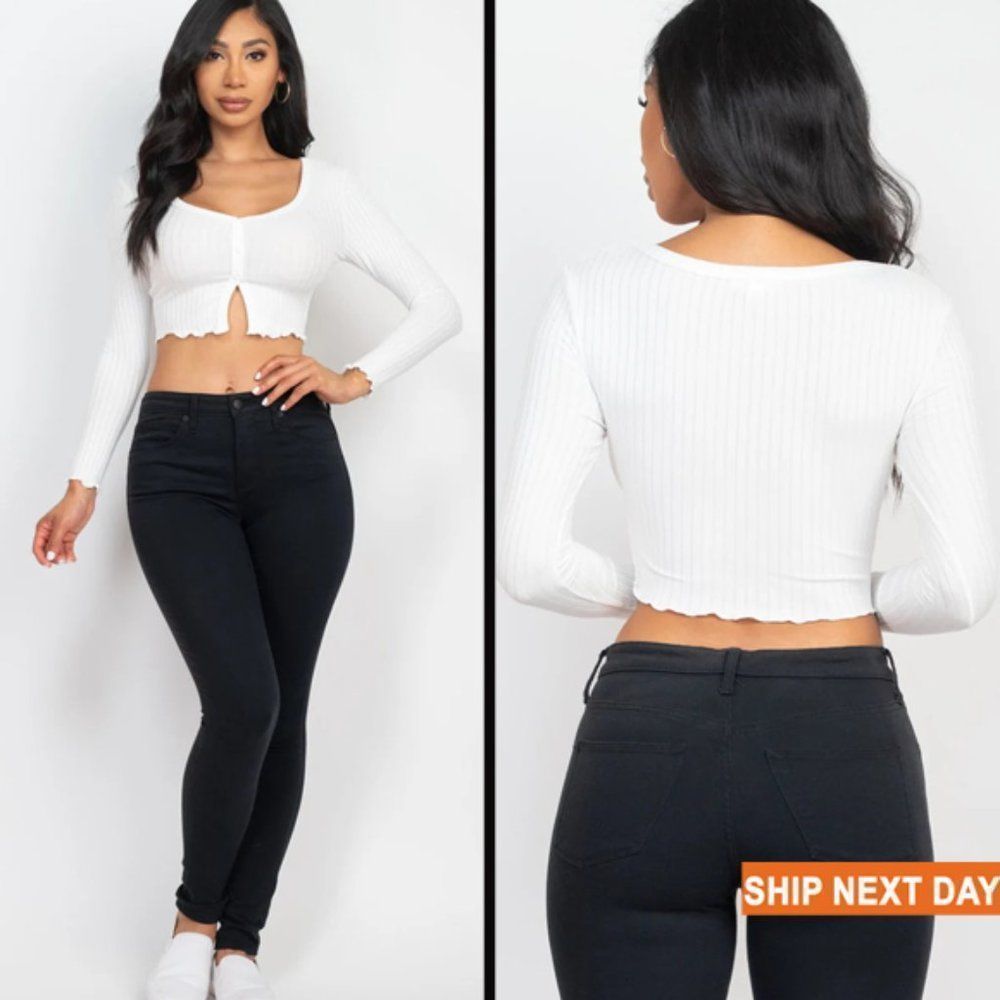 RIB KNIT BUTTON front long sleeve top - Crop Top - Cropped Top - Y2K Top